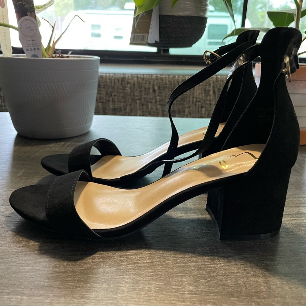 Harper Black Suede Ankle Strap Heels